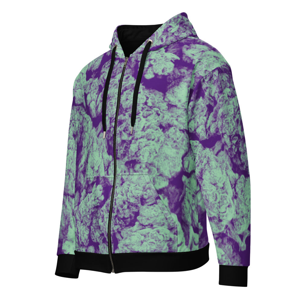 Side view with hood up of Fresh Nugs Eco-Friendly Graphic Hoodie - Eco-friendly hoodie featuring a vibrant cannabis nug graphic | Sustainable streetwear for stoners, made with organic cotton and recycled materials.