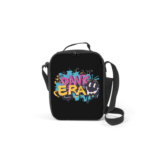 Front of a black cross over bag that is used for carrying cannabis essentials. The front has a colorful graphic that reads "DANK ERA"