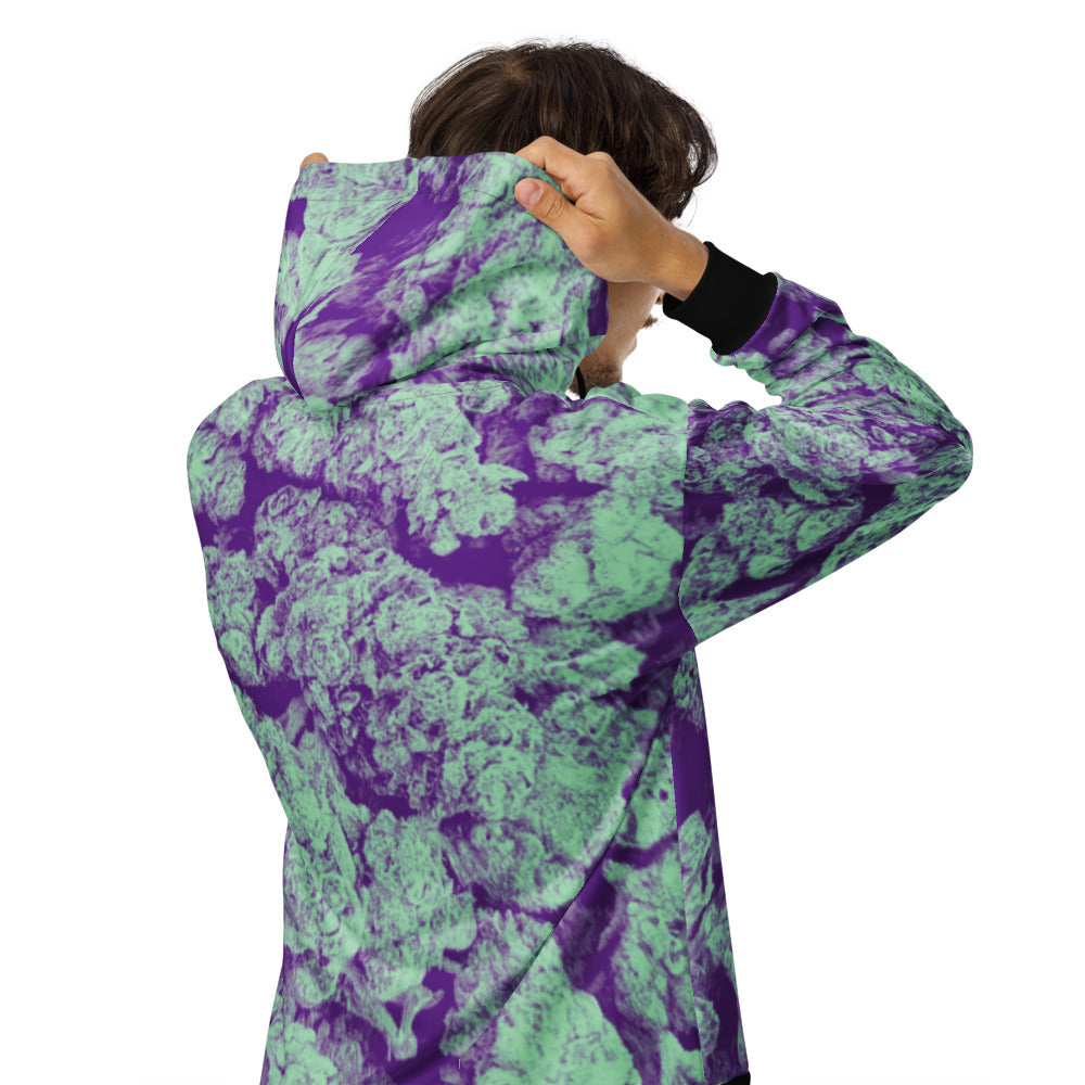 Right Side view with hood up of Fresh Nugs Eco-Friendly Graphic Hoodie - Eco-friendly hoodie featuring a vibrant cannabis nug graphic | Sustainable streetwear for stoners, made with organic cotton and recycled materials.