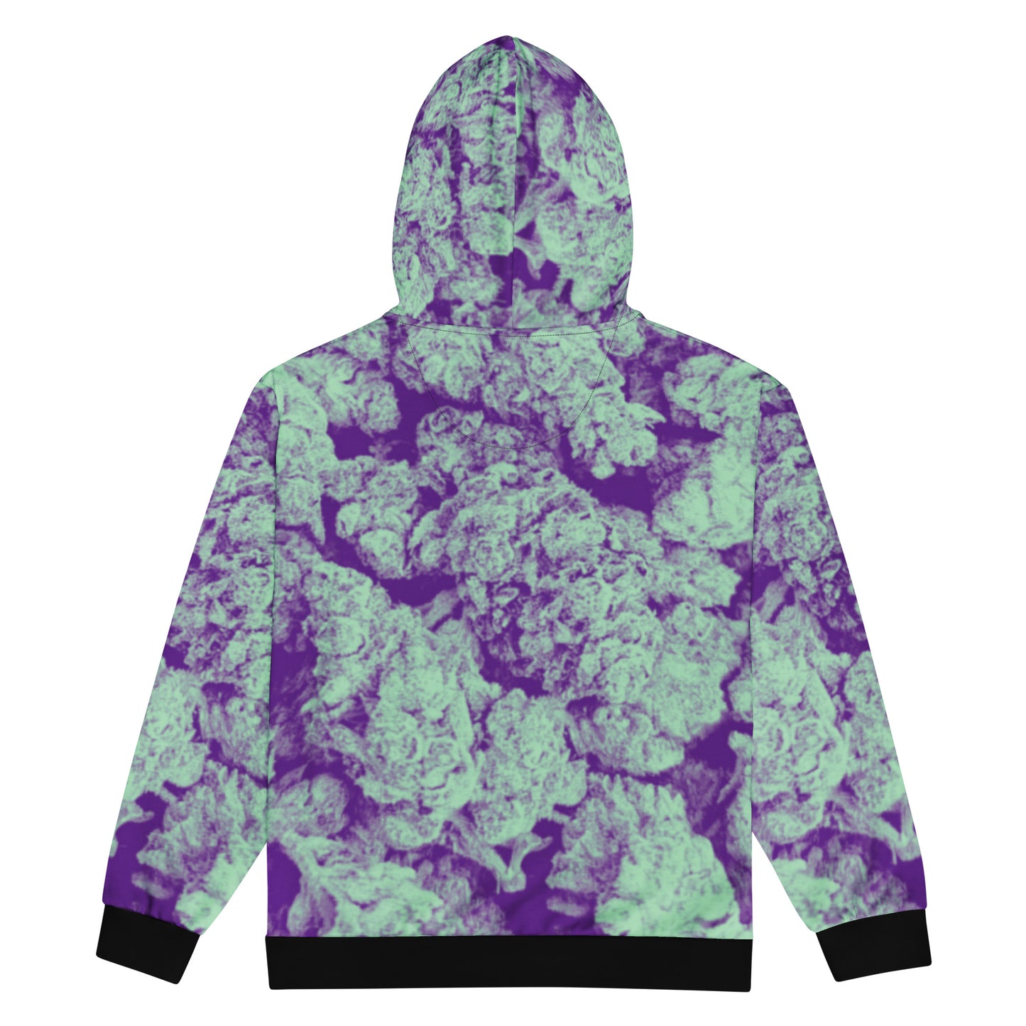 Back view with hood up of Fresh Nugs Eco-Friendly Graphic Hoodie - Eco-friendly hoodie featuring a vibrant cannabis nug graphic | Sustainable streetwear for stoners, made with organic cotton and recycled materials.