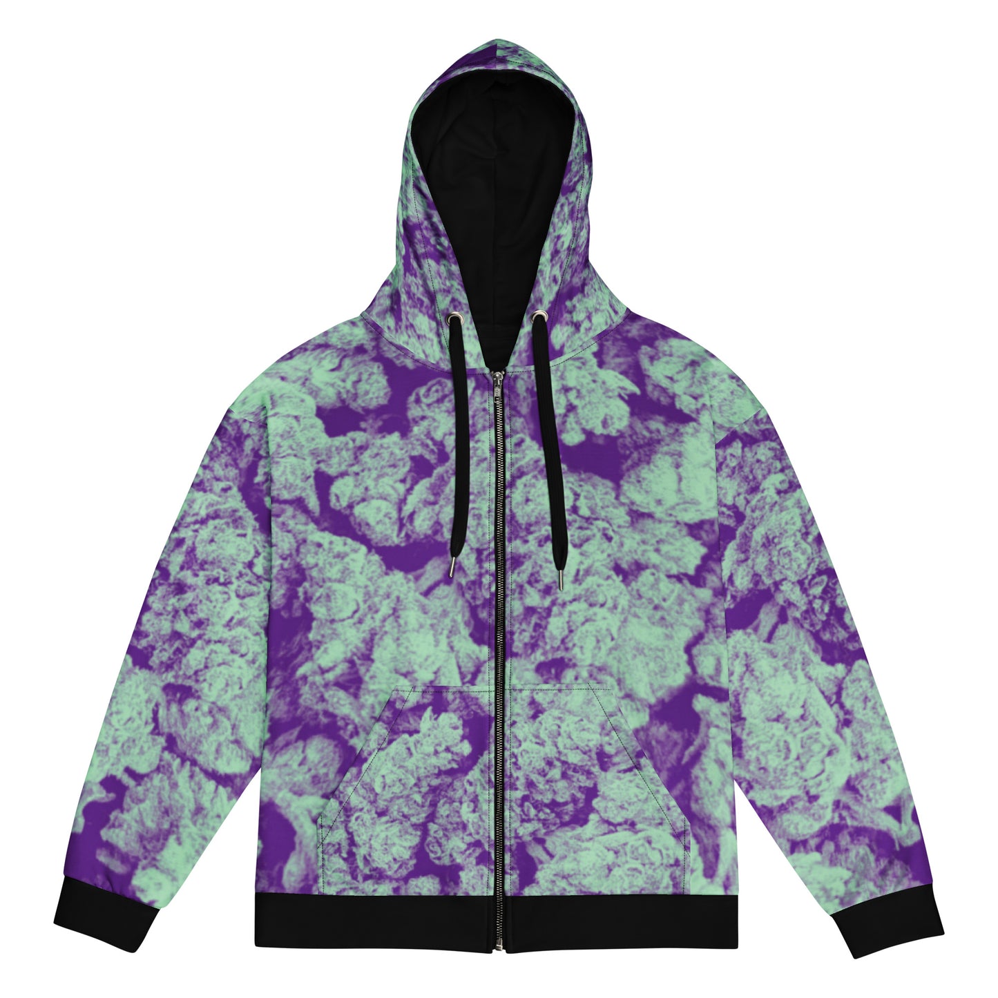 Front view with hood up of Fresh Nugs Eco-Friendly Graphic Hoodie - Eco-friendly hoodie featuring a vibrant cannabis nug graphic | Sustainable streetwear for stoners, made with organic cotton and recycled materials.