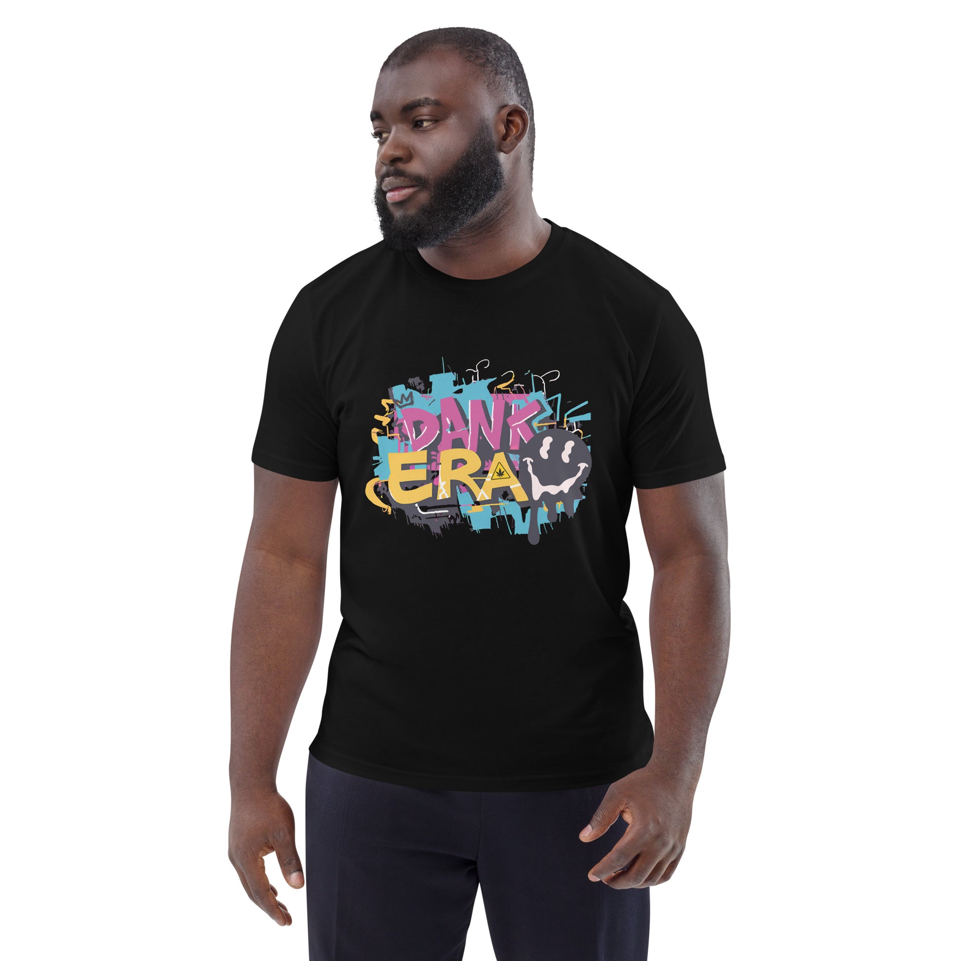 Front Unisex Black Color Organic Cotton T-Shirt featuring a unique cannabis-inspired graphic, that reads "DANK ERA". Designed for /Stoner Streetwear.