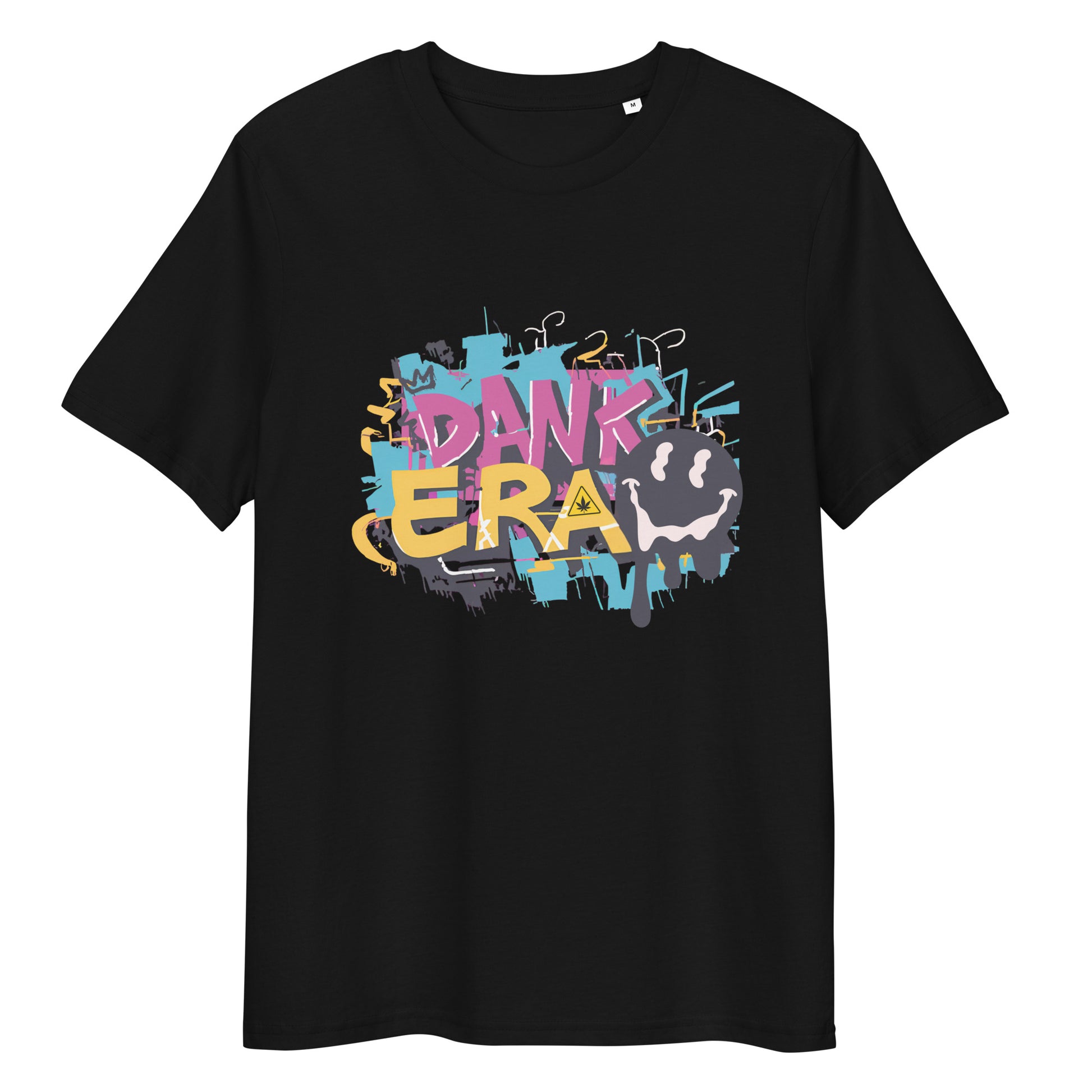 Front Flat Unisex Black Color Organic Cotton T-Shirt featuring a unique cannabis-inspired graphic, that reads "DANK ERA". Designed for /Stoner Streetwear.
