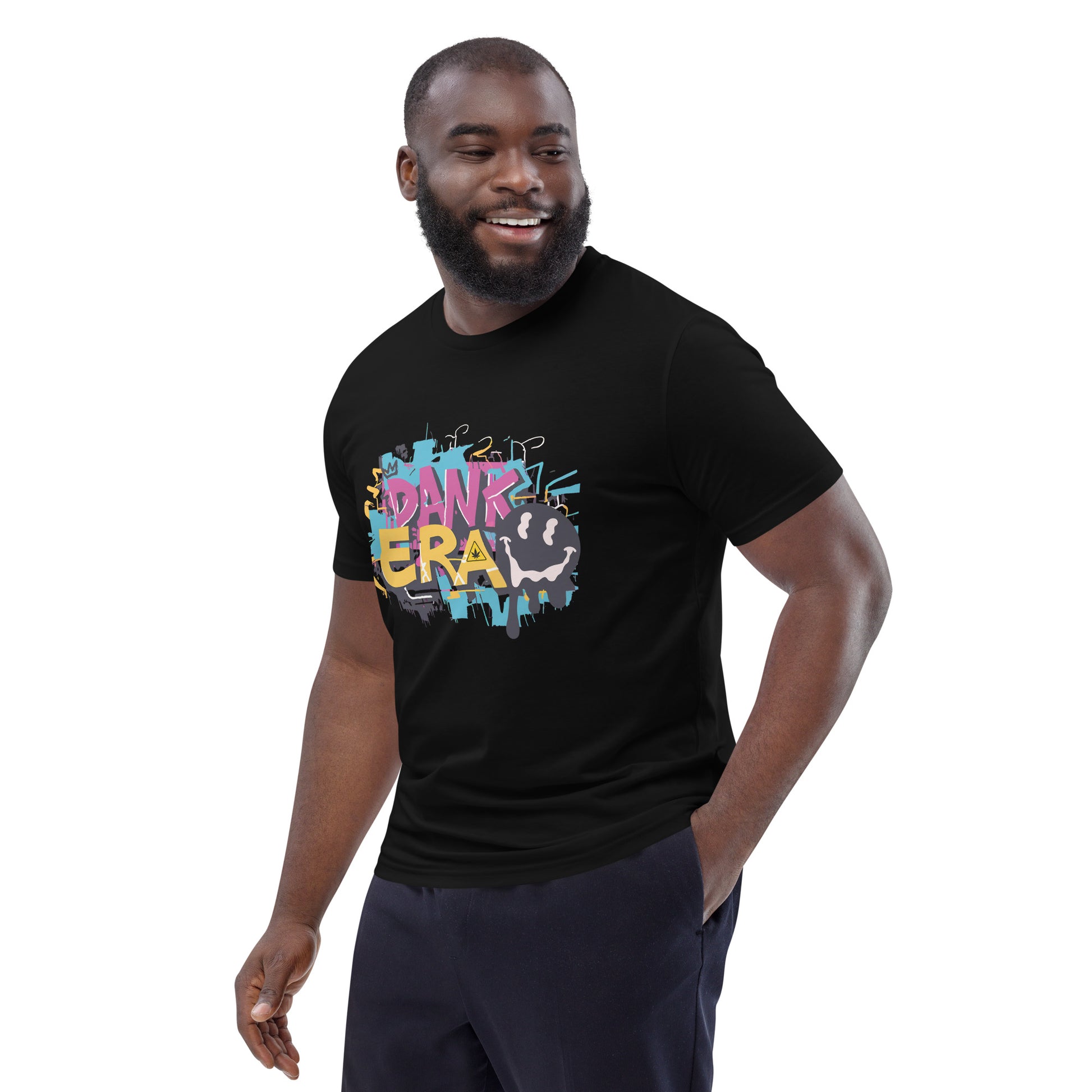 Front Left Unisex Black Color Organic Cotton T-Shirt featuring a unique cannabis-inspired graphic, that reads "DANK ERA". Designed for /Stoner Streetwear.