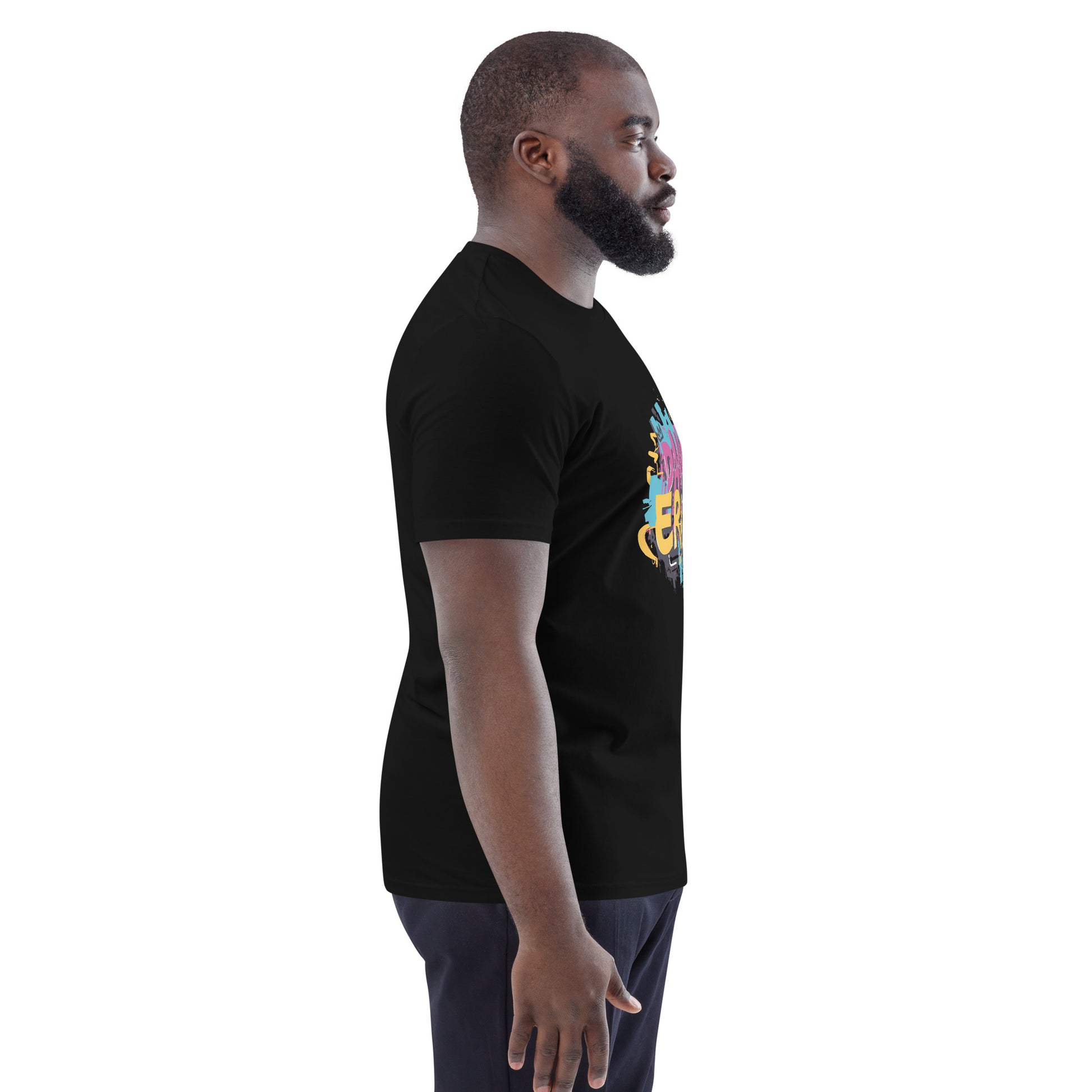 Right Side Unisex Black Color Organic Cotton T-Shirt featuring a unique cannabis-inspired graphic, that reads "DANK ERA". Designed for /Stoner Streetwear.