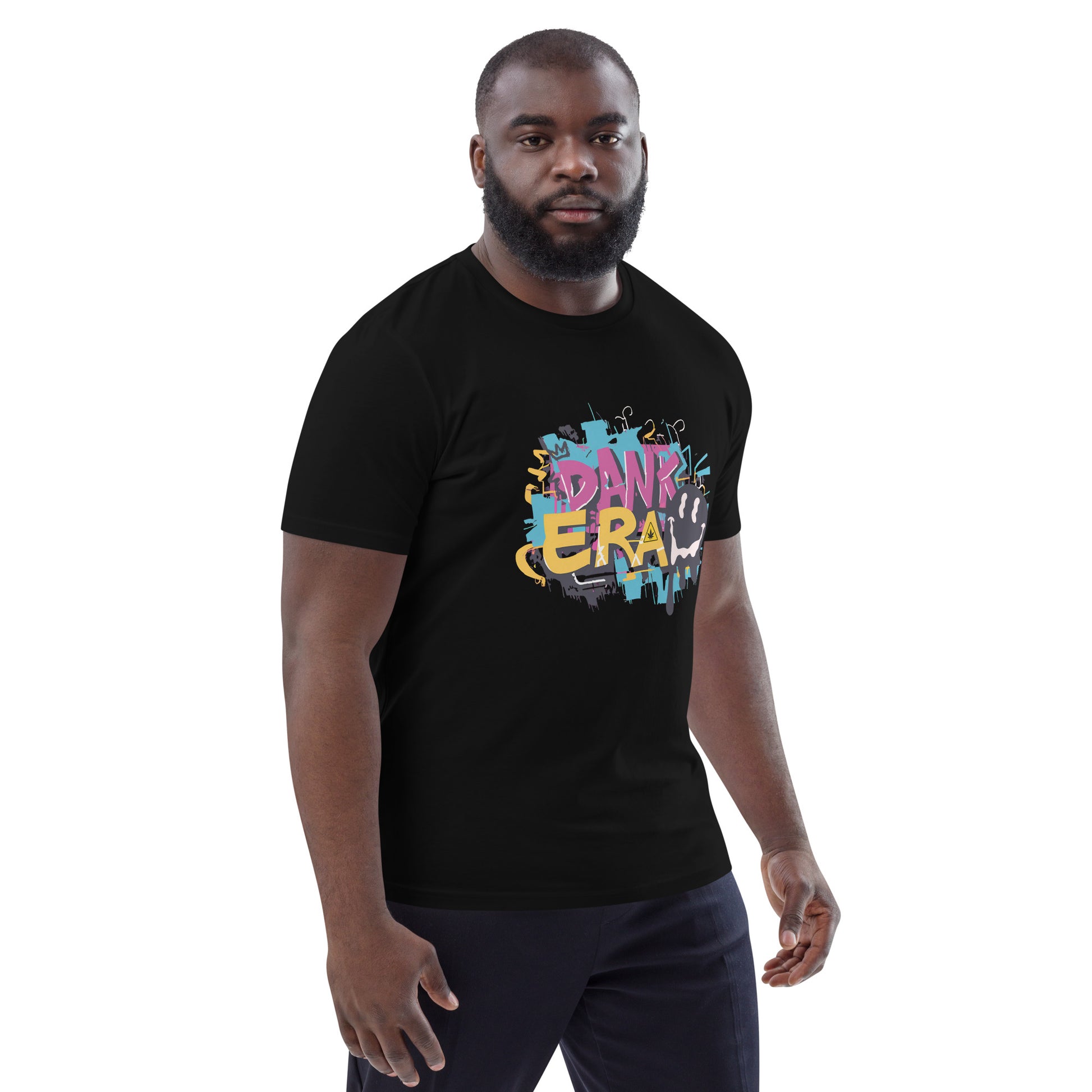 Front Right Unisex Black Color Organic Cotton T-Shirt featuring a unique cannabis-inspired graphic, that reads "DANK ERA". Designed for /Stoner Streetwear.