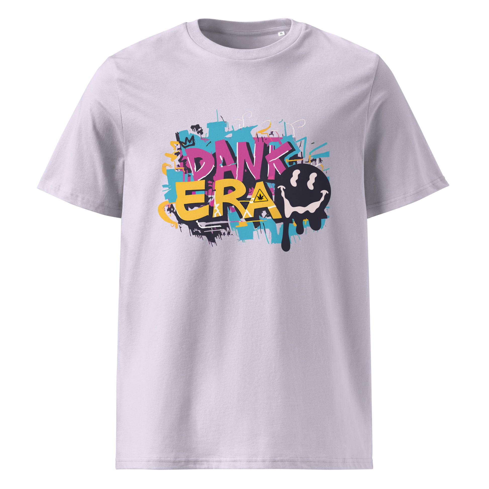Front Unisex Lavender Color Organic Cotton T-Shirt featuring a unique cannabis-inspired graphic, that reads "DANK ERA". Designed for /Stoner Streetwear.