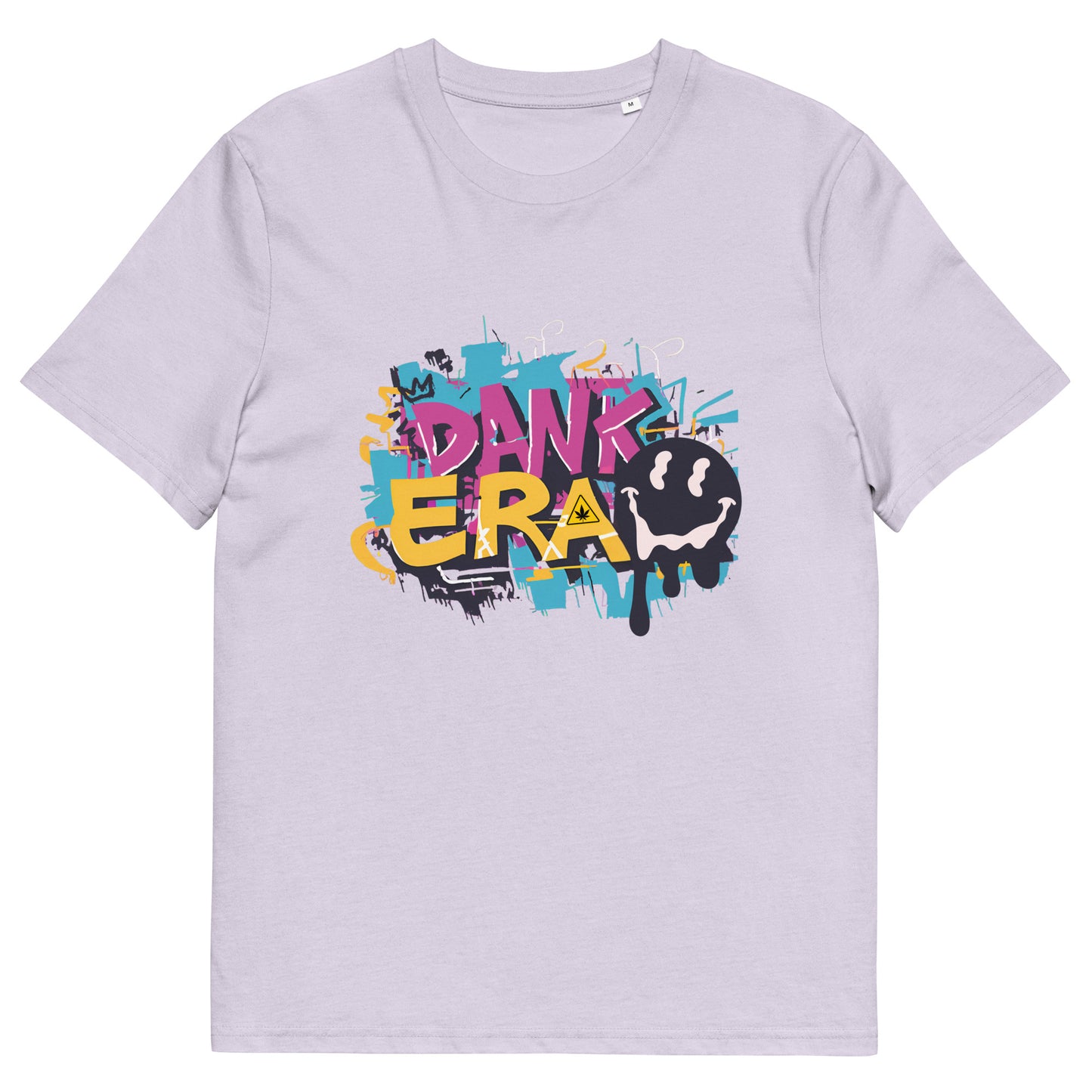 Front Unisex Lavender Color Organic Cotton T-Shirt featuring a unique cannabis-inspired graphic, that reads "DANK ERA". Designed for Stoner Streetwear.