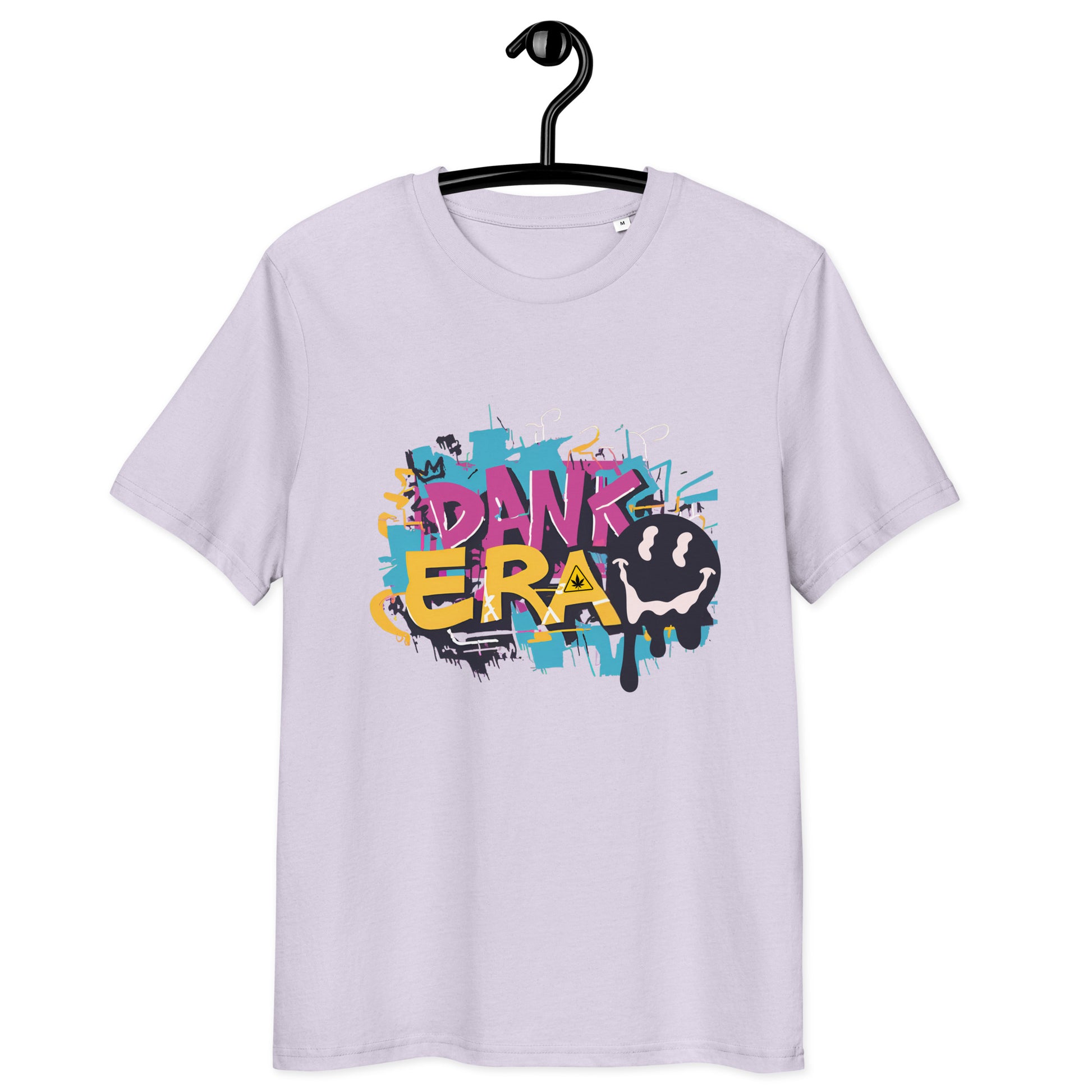 Front Hanging Unisex Lavender Color Organic Cotton T-Shirt featuring a unique cannabis-inspired graphic, that reads "DANK ERA". Designed for /Stoner Streetwear.