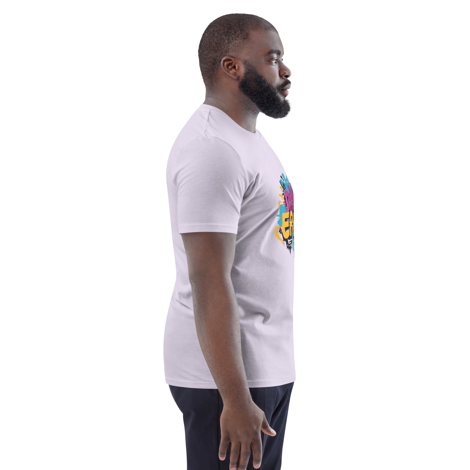 Right Side Unisex Lavender Color Organic Cotton T-Shirt featuring a unique cannabis-inspired graphic, that reads "DANK ERA". Designed for Stoner Streetwear.