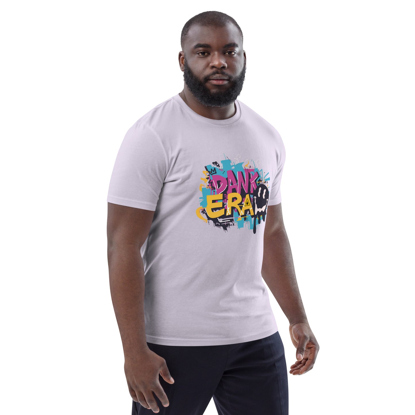 Front Right Unisex "DANK ERA" Lavender Color Organic Cotton T-Shirt featuring a unique cannabis-inspired graphic, designed for stoner streetwear.