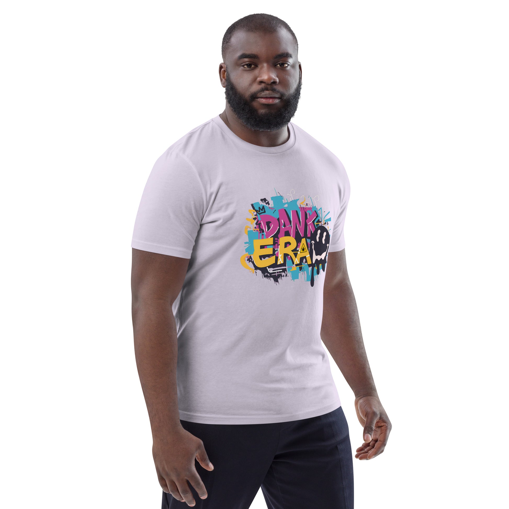 Front Right Unisex "DANK ERA" Lavender Color Organic Cotton T-Shirt featuring a unique cannabis-inspired graphic, designed for stoner streetwear.